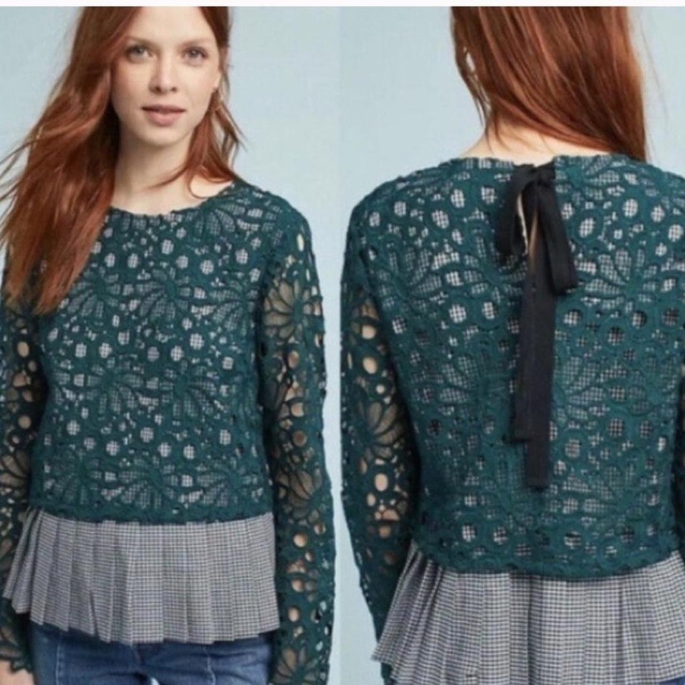 Maeve Anthropologie Teal Lace  Blouse with Checkered Hem |Size XS